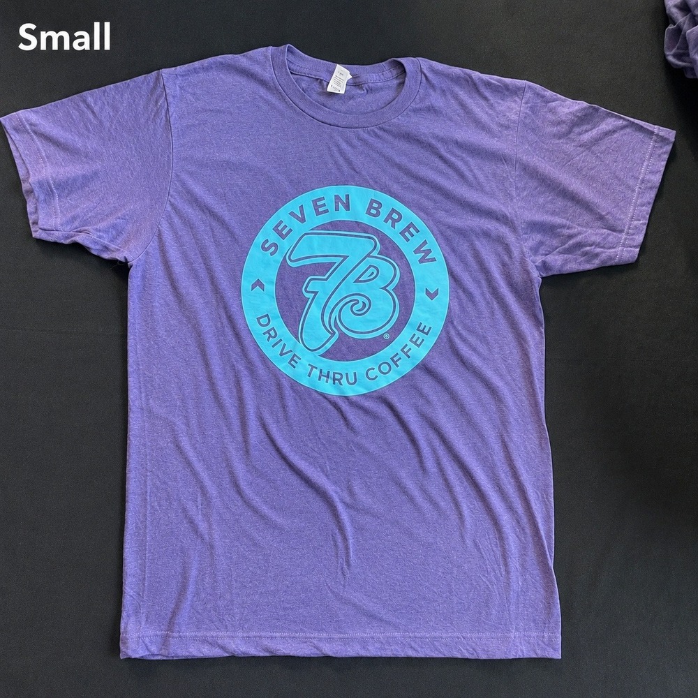 Seven Brew Drive Thru Coffee T-Shirt Purple Heather Teal Graphic Logo Unisex S
